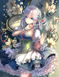 Rule 34 | 1girl, adapted costume, apron, blue eyes, blurry, braid, breasts, cleavage, corset, depth of field, detached sleeves, embodiment of scarlet devil, flower, frilled corset, frills, green corset, highres, izayoi sakuya, kieta, knife, large breasts, looking at viewer, maid, maid apron, maid headdress, oversized object, petticoat, pocket watch, short hair, silver hair, skirt, solo, throwing knife, touhou, twin braids, waist apron, watch, weapon