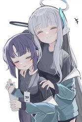 Rule 34 | +++, 2girls, ^ ^, absurdres, anparu, aqua jacket, black shirt, blue archive, blush, bottle, breasts, closed eyes, grey hair, gym uniform, halo, headphones, highres, holding, holding bottle, jacket, lanyard, long hair, long sleeves, looking at viewer, medium breasts, multiple girls, noa (blue archive), off shoulder, official alternate costume, open clothes, open jacket, parted lips, ponytail, purple hair, shirt, simple background, small breasts, smile, sweat, water bottle, white background, yuuka (blue archive), yuuka (track) (blue archive)