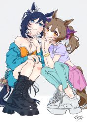 Rule 34 | 2girls, absurdres, animal ears, artist name, bare shoulders, bead bracelet, beads, belt, black footwear, black hair, blue eyes, boots, bracelet, breasts, brown hair, choker, cleavage, closed mouth, crop top, cross-laced footwear, eishin flash (umamusume), full body, grey background, highres, horse ears, horse girl, horse tail, jacket, jacket on shoulders, jewelry, lace-up boots, long sleeves, looking at viewer, medium breasts, medium hair, multiple girls, off shoulder, pants, purple shirt, shirt, shoes, short hair, short sleeves, shorts, skirt, smart falcon (umamusume), smile, sneakers, squatting, tail, twintails, umamusume, v over mouth, vanishing point, white footwear, yellow eyes, zetsuyo chimayo