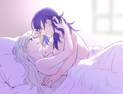 Rule 34 | 2girls, bare shoulders, bed sheet, blanket, blue eyes, blue hair, breasts, byleth (female) (fire emblem), byleth (fire emblem), closed mouth, commentary request, couple, edelgard von hresvelg, eye contact, face-to-face, fire emblem, fire emblem: three houses, from side, hair between eyes, hand in own hair, indoors, long hair, looking at another, lying, lying on person, multiple girls, nintendo, nude, on back, parted lips, pillow, purple eyes, riromomo, simple background, smile, white hair, yuri