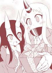 Rule 34 | 10s, 2girls, :d, abyssal ship, alternate costume, battleship princess, blush, casual, claws, contemporary, covered mouth, gift, hair between eyes, horns, kantai collection, long hair, long sleeves, monochrome, multiple girls, open mouth, seaport princess, single horn, smile, yamato nadeshiko