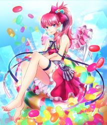 Rule 34 | 1girl, bare shoulders, barefoot, blue eyes, candy, crossed arms, dress, earrings, feet, food, gradient background, hair ribbon, himerinco, jelly bean, jewelry, legs, long hair, nail polish, original, ponytail, red hair, ribbon, smile, solo, strapless, strapless dress, toenail polish, toenails, toes, wings