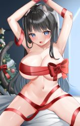 1girl bdsm bed bedroom black_hair blue_eyes bondage bound breasts christmas christmas_tree day highres huge_breasts katsushika_pachi long_hair looking_at_viewer naked_ribbon navel open_mouth original ribbon smile solo