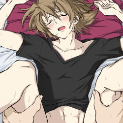 Rule 34 | 10s, 2boys, abs, anal, bed, bed sheet, blush, bottomless, brown hair, cardfight!! vanguard, green eyes, highres, kai toshiki, male focus, male penetrated, multiple boys, muscular, open mouth, pillow, pov, sex, sweat, tagme, yaoi