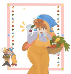 Rule 34 | 1girl, animal ears, basket, blush, breasts, brown eyes, brown hair, chao (sonic), chzzei, corn, furry, furry female, gemerl, gloves, highres, holding, holding basket, humanoid robot, large breasts, looking at viewer, open mouth, rabbit ears, rabbit girl, robot, short hair, smile, sonic (series), tomato, vanilla the rabbit, white gloves