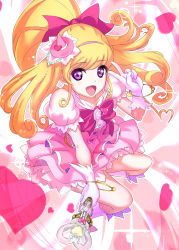 Rule 34 | 1girl, :d, absurdres, asahina mirai, blonde hair, boots, bow, brooch, cure miracle, full body, gem, gloves, hair bow, half updo, happy, hat, heart, highres, jewelry, knee boots, long hair, looking at viewer, magical girl, mahou girls precure!, mini hat, mini witch hat, open mouth, pink background, pink bow, pink hat, pink skirt, pink theme, ponytail, precure, purple eyes, skirt, smile, solo, sparkle, ultramarimo, v, white footwear, white gloves, witch hat