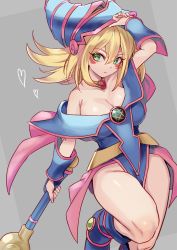 Rule 34 | 1girl, arm above head, bare shoulders, blonde hair, blue gloves, blush stickers, breasts, cleavage, dark magician girl, duel monster, fingerless gloves, gloves, green eyes, hair between eyes, hat, highres, illma, jewelry, large breasts, long hair, skirt, solo, wand, wizard hat, yu-gi-oh!