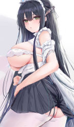 Rule 34 | 1girl, :o, absurdres, ass, azur lane, black hair, blush, breasts, clothing cutout, commentary request, frills, green eyes, hair between eyes, hair ornament, highres, indomitable (azur lane), indomitable (ms. motivationless maid) (azur lane), large breasts, long hair, looking at viewer, lshiki, maid headdress, no bra, official alternate costume, pleated skirt, revealing clothes, revision, sidelocks, simple background, sketch, skirt, solo, thighhighs, white thighhighs