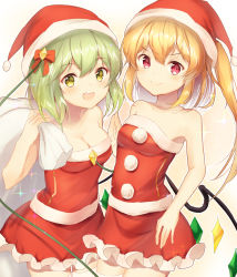 Rule 34 | &gt;:), 2girls, :d, absurdres, alternate costume, bare arms, bare shoulders, blonde hair, bow, breasts, cleavage, commentary request, flandre scarlet, green eyes, green hair, hair bow, hat, highres, holding, holding sack, komeiji koishi, looking at viewer, medium breasts, multiple girls, nenobi (nenorium), open mouth, pom pom (clothes), red bow, sack, santa costume, santa hat, short hair, side ponytail, small breasts, smile, strapless, thighhighs, touhou, v-shaped eyebrows, white legwear, wings