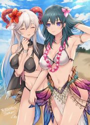 Rule 34 | 2girls, ^ ^, armlet, banned artist, bare shoulders, bikini, black bikini, blue eyes, blue hair, blue sky, breasts, byleth (female) (fire emblem), byleth (fire emblem), cleavage, closed eyes, cloud, commentary request, commission, cosplay, costume switch, cowboy shot, day, fire emblem, fire emblem: three houses, fire emblem heroes, flower, flower necklace, freyja (fire emblem), grin, hair flower, hair ornament, hand up, highres, horns, jewelry, large breasts, long hair, looking at another, multiple girls, navel, necklace, nintendo, outdoors, parted lips, pelvic curtain, pink flower, red flower, shimizu akina, skeb commission, sky, smile, standing, stomach, swimsuit, thighs, white bikini, white hair