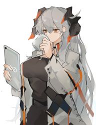 Rule 34 | 1girl, arknights, black shirt, blouse, breasts, coffee, cup, drinking, grey hair, holding, holding cup, horns, jewelry, large breasts, long hair, long sleeves, messy hair, mikozin, neck ring, reading, saria (arknights), shirt, simple background, very long hair, white background, yellow eyes