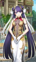 Rule 34 | 1girl, alternate costume, blue eyes, china dress, chinese clothes, craft essence (fate), double bun, dress, earrings, fate/grand order, fate (series), fountain, gloves, gold trim, hair ornament, hair ribbon, head tilt, heroic spirit traveling outfit, jewelry, long dress, long hair, looking at viewer, martha (fate), martha (traveling outfit) (fate), official art, purple hair, ribbon, sakamoto mineji, side slit, solo, steepled fingers, twintails, very long hair, white gloves