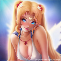Rule 34 | 1girl, bishoujo senshi sailor moon, blonde hair, blue eyes, blue sailor collar, blurry, blush, breasts, cleavage, crescent, depth of field, double bun, covered erect nipples, facial mark, female focus, forehead mark, hair ornament, hair ribbon, highres, jewelry, large breasts, lipstick, makeup, necklace, pink lips, prywinko, ribbon, sailor collar, solo, sweat, tsukino usagi, twintails, upper body, watermark, web address, wings