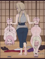 Rule 34 | 3girls, ass, bdsm, blonde hair, blush, bondage, bound, bound ankles, bound toes, bound wrists, clothes on floor, unworn clothes, crying, crying with eyes closed, crying with eyes open, drooling, facing viewer, femdom, full-face blush, green eyes, haruno sakura, head down, highres, hogtie, laughing, long hair, looking at viewer, looking to the side, multiple girls, naruto, naruto (series), no bra, no panties, nude, pink hair, ponytail, restrained, shibari, shirt, sleeveless, sleeveless shirt, sliding doors, soles, stationary restraints, teacher and student, suspension, tears, tickle torture, tickling, tsunade (naruto), twintails, yamanaka ino
