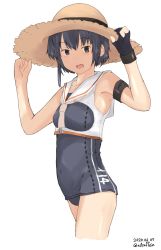 Rule 34 | 1girl, alcaffein, asymmetrical hair, black gloves, black hair, black one-piece swimsuit, brown eyes, brown neckerchief, crop top, cropped legs, framed breasts, gloves, hair between eyes, hat, highres, i-14 (kancolle), kantai collection, looking at viewer, neckerchief, one-piece swimsuit, partially fingerless gloves, sailor collar, school swimsuit, short hair, simple background, single glove, sleeveless, solo, straw hat, sun hat, swimsuit, white background, white sailor collar