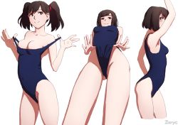 Rule 34 | 1girl, arm up, armpits, blush, breasts, brown eyes, brown hair, clothes pull, from below, from side, medium breasts, medium hair, multiple views, one-piece swimsuit pull, original, red ribbon, ribbon, simple background, smile, swimsuit, twintails, white background, zoryc