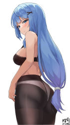 Rule 34 | 1girl, ass, bare arms, bare shoulders, black bra, black pantyhose, blue eyes, blue hair, bra, breasts, closed mouth, cowboy shot, from behind, frown, grey panties, hair ornament, high-waist pantyhose, highres, idolmaster, idolmaster million live!, idolmaster million live! theater days, lace, lace-trimmed bra, lace trim, large breasts, long hair, looking at viewer, looking back, low-tied long hair, myeolchi, panties, panties under pantyhose, pantyhose, shiraishi tsumugi, simple background, solo, standing, underwear, very long hair, white background, x hair ornament