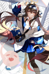 Rule 34 | 1girl, absurdres, arm up, bag, bare shoulders, blue hairband, blue jacket, blue skirt, boo tao (genshin impact), brown hair, brown pantyhose, chain-link fence, crossed bangs, day, eyewear on head, unworn eyewear, fence, floating hair, flower-shaped pupils, foot out of frame, genshin impact, grin, hair between eyes, hair flaps, hairband, highres, holding, holding removed eyewear, hu tao (genshin impact), hu tao (lawson) (genshin impact), jacket, long hair, long sleeves, looking at viewer, lumo 1121, multicolored clothes, multicolored jacket, off-shoulder shirt, off shoulder, official alternate costume, pantyhose, pleated skirt, red eyes, shirt, shoes, shoulder bag, skirt, smile, sneakers, solo, symbol-shaped pupils, tinted eyewear, twintails, two-tone jacket, two-tone shirt, white footwear