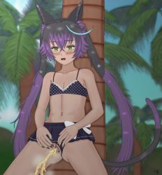 Rule 34 | 1girl, absurdres, animal ears, bikini, bikini bottom aside, blush, censored, clothing aside, dark-skinned female, dark skin, eiyuu densetsu: sen no kiseki, green eyes, highres, mosaic censoring, open mouth, outdoors, peeing, pussy, solo, spread pussy, standing, swimsuit, tail