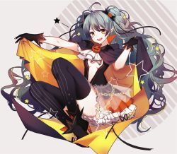 Rule 34 | 1girl, :d, ahoge, akira (ying), black gloves, black thighhighs, blush, breasts, cape, chuko miku, cleavage, full body, gloves, grey background, grey hair, hair ornament, hatsune miku, high heels, long hair, looking at viewer, open mouth, orange skirt, pleated skirt, pointy ears, sakura miku, see-through, simple background, skirt, small breasts, smile, solo, star (symbol), striped clothes, striped thighhighs, thighhighs, vertical-striped clothes, vertical-striped thighhighs, very long hair, vocaloid, yellow eyes
