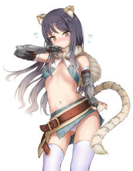Rule 34 | 1girl, animal ear fluff, animal ears, bare shoulders, belt, black gloves, black hair, blush, breasts, brown belt, commentary request, fingerless gloves, fur collar, gloves, gradient hair, hair between eyes, long hair, looking at viewer, multicolored hair, navel, oonaka ito, panties, princess connect!, pulled by self, revealing clothes, shiori (princess connect!), simple background, small breasts, solo, tail, thighhighs, tiger ears, tiger tail, underwear, white background, white panties, white thighhighs, yellow eyes