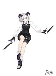 Rule 34 | 1girl, absurdres, artist name, bare legs, black footwear, black gloves, black shorts, blouse, blue eyes, blue necktie, commentary, dated, demon horns, fei mao, full body, gloves, highres, horns, knife, long sleeves, looking at viewer, necktie, original, pointy ears, purple necktie, shirt, shoes, short hair, shorts, simple background, solo, sweater vest, thigh strap, weapon, white background, white shirt