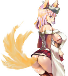Rule 34 | 1girl, animal ears, ass, bad id, bad pixiv id, bare shoulders, black panties, black thighhighs, blue eyes, blush, breasts, closed mouth, clothes lift, condom, condom in mouth, covered erect nipples, detached sleeves, eyebrows, fox ears, fox mask, from side, glowing tail, large breasts, mask, mask on head, mouth hold, original, panties, pink hair, pleated skirt, profile, red skirt, sideboob, sigetch, skirt, skirt lift, smile, solo, tail, thighhighs, thong, underwear, wedgie, white background