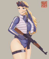 Rule 34 | 1girl, absurdres, alternate costume, alternate hairstyle, assault rifle, beige background, belt, belt pouch, blonde hair, blue eyes, blue gloves, blue leotard, breasts, cameltoe, capcom, eyebrows, gloves, goggles, goggles on head, grey vest, gun, headset, highres, japanese text, kalashnikov rifle, kolin, large breasts, leotard, lips, long sleeves, looking to the side, mchiefy, open clothes, open vest, parted lips, ponytail, pouch, rifle, simple background, skin tight, skindentation, solo, standing, street fighter, street fighter v, sweat, thick thighs, thigh strap, thighs, unzipped, vest, weapon