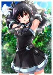 Rule 34 | 1girl, armpits, arms up, black dress, black hair, cowboy shot, dress, elbow gloves, ex idol, gloves, hair ribbon, highres, hot, lens flare, long hair, neptune (series), one eye closed, open mouth, outdoors, outside border, red eyes, ribbon, sky, solo, sweat, tree, two side up, uni (neptunia)