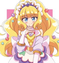 Rule 34 | 1girl, back bow, blonde hair, blue eyes, blush, bow, bridal gauntlets, brooch, commentary request, cure finale, delicious party precure, heart, heart brooch, highres, huge bow, jewelry, kasai amane, keima (mfng4224), long hair, magical girl, precure, sidelocks, smile, solo, tiara, very long hair, white bow, wide ponytail