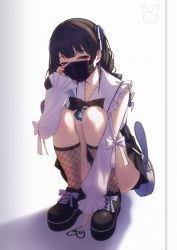 Rule 34 | 1girl, animal bag, black footwear, black hair, black skirt, bow, bowtie, commentary request, convenient arm, diestren, fishnet legwear, fishnets, frilled sleeves, frills, full body, hand on own face, heart, highres, long hair, looking at viewer, mask, mouth mask, nijisanji, purple eyes, rabbit bag, ribbon, shadow, shoes, skirt, solo, squatting, tsukino mito, tsukino mito (14th costume), virtual youtuber