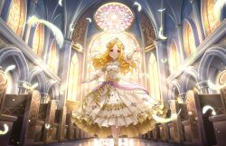 Rule 34 | 1girl, blonde hair, church, church interior, dress, feathers, forehead, game cg, idolmaster, idolmaster cinderella girls, idolmaster cinderella girls starlight stage, mochizuki hijiri, official art, red eyes, solo, stained glass, white dress