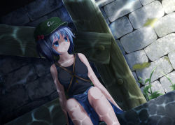 Rule 34 | 1girl, adapted costume, bad id, bad pixiv id, bare arms, bare shoulders, between breasts, blue eyes, blue hair, breasts, caustics, collarbone, hair bobbles, hair ornament, hat, kawashiro nitori, key, matching hair/eyes, pokio, reflection, shirt, sitting, skirt, sleeveless, sleeveless shirt, solo, strap between breasts, touhou, twintails, two side up, wall, water