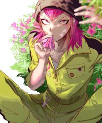 Rule 34 | 1boy, beanie, black hat, blurry, blurry foreground, braid, breast pocket, collarbone, commentary request, danganronpa (series), danganronpa 2: goodbye despair, flower, from above, hand up, hat, holding, jumpsuit, looking at viewer, male focus, medium hair, mouth hold, pink eyes, pink flower, pink hair, pocket, short hair, single braid, sitting, soda kazuichi, solo, yamagishi-sota, yellow jumpsuit