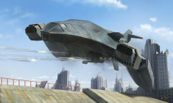 Rule 34 | aircraft, building, city, cloud, day, firing, flying, k-takano, military, missile, no humans, original, railing, science fiction, sky, smoke, weapon