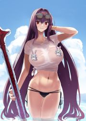 Rule 34 | 1girl, bikini, bikini bottom only, black bikini, blue sky, bracelet, breasts, censored, censored nipples, eyewear on head, fate/grand order, fate (series), fou (fate), gachou, gae bolg (fate), hair between eyes, highres, inflatable toy, jewelry, large breasts, long hair, looking at viewer, nail polish, navel, necklace, no bra, no pants, novelty censor, ocean, purple hair, red eyes, scathach (fate), shirt, short sleeves, sky, smile, solo, sunglasses, swimsuit, thighs, tied shirt, wading, wet, white shirt