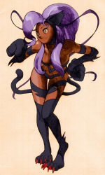 Rule 34 | 1girl, alternate color, animal ears, animal hands, bengus, bent over, big hair, blue hair, breasts, capcom, cat ears, cat paws, cat tail, claws, dark-skinned female, dark skin, felicia (vampire), fur, hand on own hip, highres, light smile, long hair, looking away, marvel, marvel vs. capcom, marvel vs. capcom 2, official art, paw pose, purple hair, sidelocks, simple background, slit pupils, smile, solo, standing, tail, vampire (game), yellow eyes