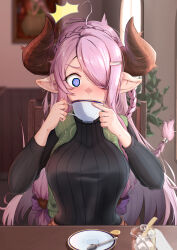 Rule 34 | 1girl, @ @, ahoge, black sweater, blue eyes, blush, braid, breasts, cup, draph, drinking, granblue fantasy, hair ornament, hair over one eye, highres, holding, holding cup, horns, large breasts, long hair, narmaya (granblue fantasy), pizzicato il, pointy ears, saucer, solo, sugar cube, surprised, sweater, sweater vest, teacup, very long hair