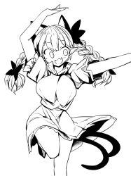 Rule 34 | 1girl, animal ears, breasts, cat ears, cat girl, cat tail, dancing, greyscale, kaenbyou rin, large breasts, looking at viewer, mizuga, monochrome, multiple tails, smile, solo, tail, touhou
