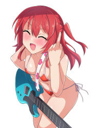 Rule 34 | 1girl, bikini, bocchi the rock!, breasts, censored, closed eyes, electric guitar, guitar, hair between eyes, instrument, ka-9, kita ikuyo, long hair, looking at viewer, micro bikini, middle finger, mosaic censoring, navel, one side up, red hair, shiny skin, simple background, small breasts, solo, standing, swimsuit, white background