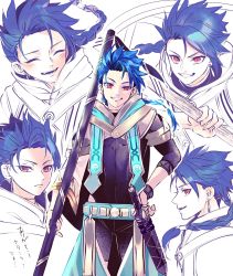 Rule 34 | 1boy, belt, blue hair, blush, bodysuit, bracelet, braid, braided ponytail, child, cu chulainn (fate), dagger, earrings, fangs, fate/grand order, fate/grand order arcade, fate (series), floating hair, grin, hand on own hip, highres, jewelry, knife, long hair, male focus, multiple views, red eyes, redrabbit44, setanta (fate), sketch, slit pupils, smile, spiked hair, staff, type-moon, weapon
