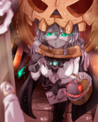 Rule 34 | 10s, 1girl, abyssal ship, blush, bodysuit, breasts, candy, cape, food, gloves, glowing, glowing eyes, halloween, hat, jack-o&#039;-lantern, kantai collection, large breasts, looking at viewer, monster, open mouth, pale skin, personification, pumpkin, silver hair, solo, trick or treat, tsukineko, wo-class aircraft carrier