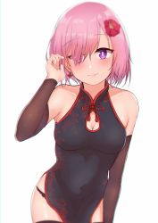 Rule 34 | 1girl, alternate costume, black dress, black panties, black thighhighs, blurry, breasts, bright pupils, china dress, chinese clothes, cleavage, depth of field, detached sleeves, dress, earrings, fate/grand order, fate (series), floral print, flower, hair flower, hair ornament, hair over one eye, tucking hair, highres, jewelry, karu (ricardo 2628), looking at viewer, mash kyrielight, panties, pelvic curtain, pink hair, purple eyes, short hair, small breasts, smile, solo, thighhighs, underwear