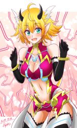 Rule 34 | 1girl, :d, ahoge, black gloves, blonde hair, breasts, cleavage, clothing cutout, dated, earrings, elbow gloves, fang, gloves, green eyes, highres, hisin, horns, jewelry, kora (xenoblade), large breasts, looking at viewer, navel, navel cutout, open mouth, pointy ears, short hair, signature, smile, solo, stomach, xenoblade chronicles (series), xenoblade chronicles 2