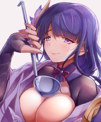 Rule 34 | 1girl, artist request, bad id, bad pixiv id, blush, breasts, center opening, cleavage, commentary request, flower, genshin impact, hair flower, hair ornament, highres, ladle, large breasts, long hair, mole, mole under eye, nail polish, purple eyes, purple flower, purple hair, purple nails, raiden shogun, upper body