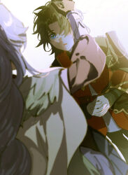 Rule 34 | 1boy, 1girl, aged down, baiheng (honkai: star rail), black hair, blue eyes, blurry, blurry foreground, blush, hair over one eye, headpat, highres, honkai: star rail, honkai (series), interlocked fingers, long hair, long sleeves, looking at another, looking up, open mouth, own hands clasped, own hands together, parted bangs, purple hair, short hair, white background, yingxing (honkai: star rail), zassyoku dd