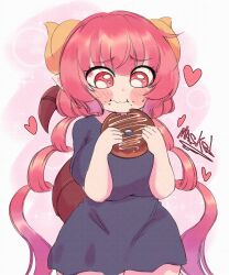 Rule 34 | absurdres, black shirt, blush, breasts, chocolate doughnut, doughnut, dragon girl, dragon horns, dragon tail, eating, female focus, food, gradient hair, happy, heart, highres, horns, ilulu (maidragon), kobayashi-san chi no maidragon, large breasts, light purple hair, low twintails, masked ink, multicolored hair, pink hair, pointy ears, red eyes, shirt, shortstack, signature, signature artist name, tail, tearing up, thick thighs, thighs, twintails, valentine, wide hips, yellow horns