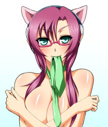 Rule 34 | 00s, 1girl, animal ears, bad id, bad pixiv id, breast hold, breasts, cat ears, covering privates, covering breasts, crossed arms, evangelion: 2.0 you can (not) advance, glasses, green eyes, huge breasts, iwamoto eiri, long hair, makinami mari illustrious, mouth hold, necktie, neon genesis evangelion, purple hair, rebuild of evangelion, shiny skin, simple background, solo, topless