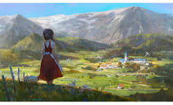 Rule 34 | 1girl, apron, artist name, bird, black hair, blue sky, building, castle, child, commentary, day, dress, fence, from behind, goat, grass, hill, krenz, landscape, mountain, original, outdoors, red dress, scenery, short hair, short sleeves, sky, solo, standing, steeple, village, waist apron, white apron