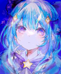 Rule 34 | 1girl, blue hair, bow, brooch, copyright request, highres, irodori warabi, jewelry, long hair, parted lips, purple bow, purple eyes, solo, star brooch